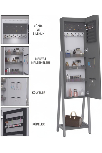 DECOBOX Eyfel Led Aydınlatmalı Boy Aynalı Kilitli Takı Dolabı