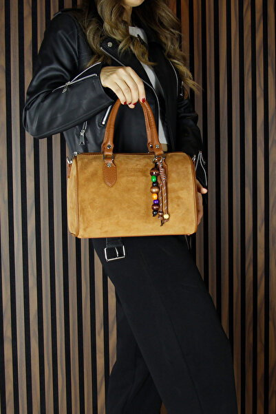 Erkan Saçmacı Tan Genuine Cowhide Suede Daily Large Size Shoulder Bag with Zippered Inner Pocket and Hanging Bead Accessories