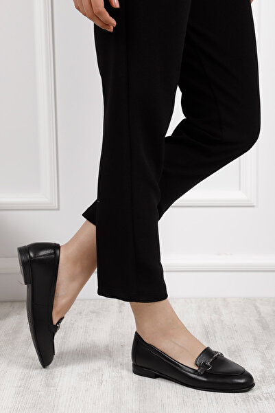 GÖNDERİ(R) Women's Black Genuine Leather Buckle Ballerinas