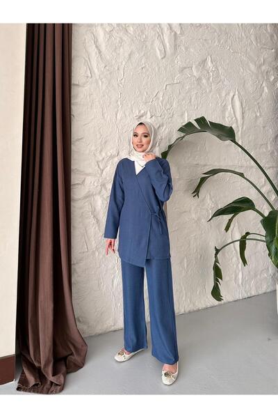 onlymoon Kadın Giyim Keten Kruvaze Yaka Oversize Bağlamalı Takım | Tunik Pantolon 2’li | Lacivert | Şık Basic