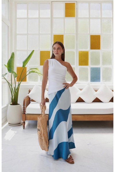 Genel Markalar Kadın Mavi Renk Gecisli Geometrik Kloş Saten Etek