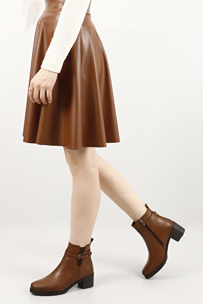 GÖNDERİ(R) Γυναικείες μπότες από γνήσιο δέρμα με χοντρό τακούνι Tan Floater με φερμουάρ