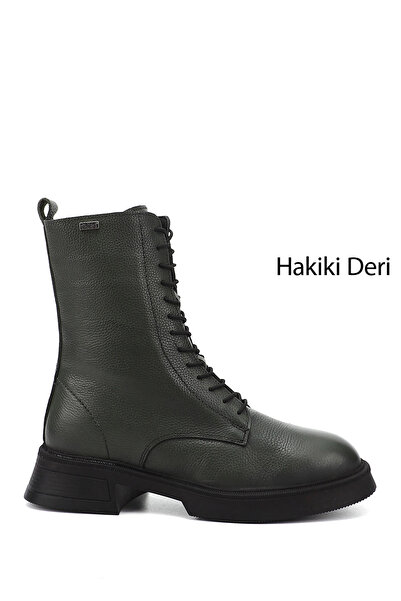 GÖNDERİ(R) Kadın / Kız Haki Floter Fermuarlı Kalın Taban Hakiki Deri Postal Bot