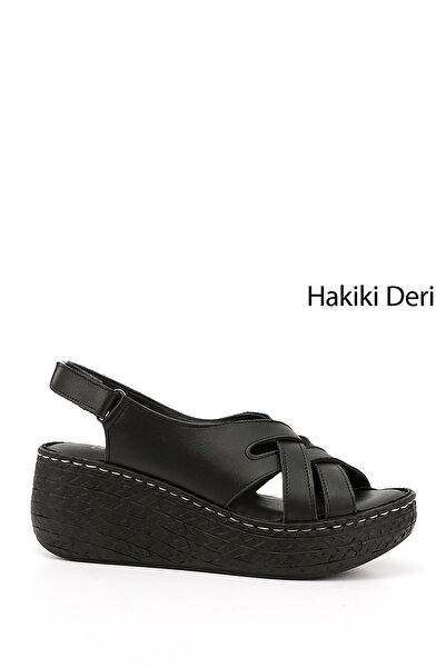 GÖNDERİ(R) Women's Black Velcro Strap Genuine Leather Wedge Sandals