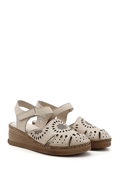 GÖNDERİ(R) Women's Beige Antique Velcro Strap Genuine Leather Wedge Sandals