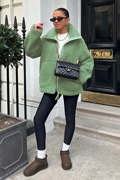 Madmext Mint Yeşili Dik Yakalı Cepli Peluş Mont MG1966