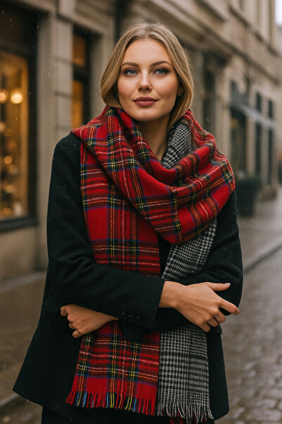 Luminos Butik New Year's Gift Women's Red Double Sided Plaid Patterned Scarf - Shawl 70X185 cm Sal1214