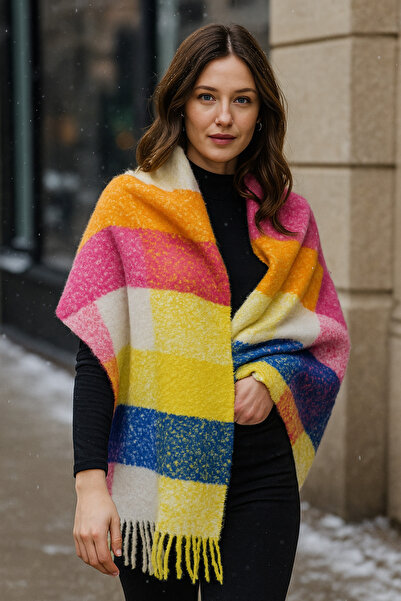 Luminos Butik Fuchsia Plaid Patterned Knitted Scarf - Yellow Blue Orange Checkered Tassel Sal1256