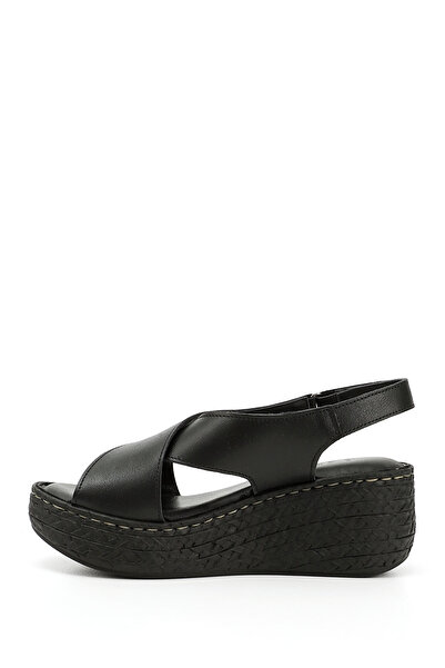 GÖNDERİ(R) Women's Black Velcro Strap Wedge Sole Genuine Leather Sandals