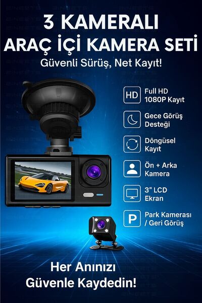 Zineets siyah 1080p Araç içi 3 Kameralı Lcd Ekranlı Gece Görüşlü , G-sensör ,...