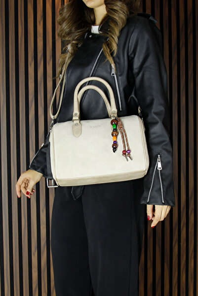 Erkan Saçmacı Beige Genuine Cowhide Suede Daily Large Size Shoulder Bag with Zippered Inner Pocket and Hanging Bead Accessories