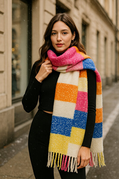 Luminos Butik Fuchsia Plaid Patterned Knitted Scarf - Yellow Blue Orange Checkered Tassel Sal1256