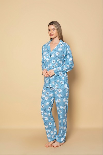 GİYDİNGİYDİN PAMUKLU KADIN PİJAMA TAKIMI GÖMLEKLİ