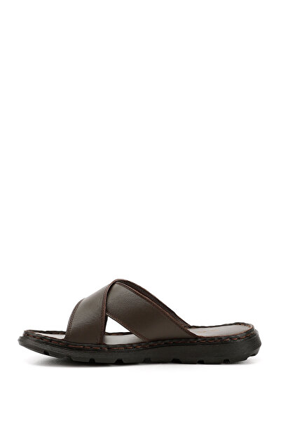 GÖNDERİ(R) Men's Brown Cross-Strapped Genuine Leather Slippers