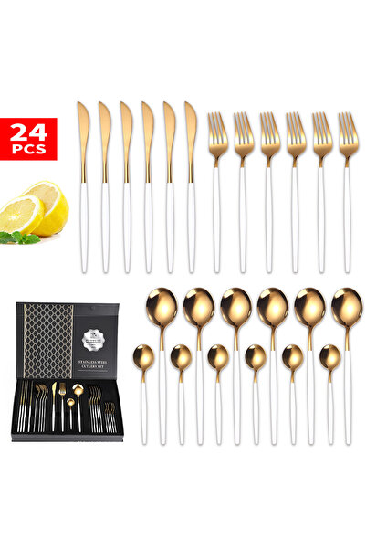 Trendy's Portuguese cutlery set, stainless steel 24 pieces, with stand, TRENDY'S, white-gold