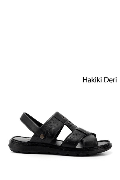 GÖNDERİ(R) Men's Black Genuine Leather Comfort Sandals