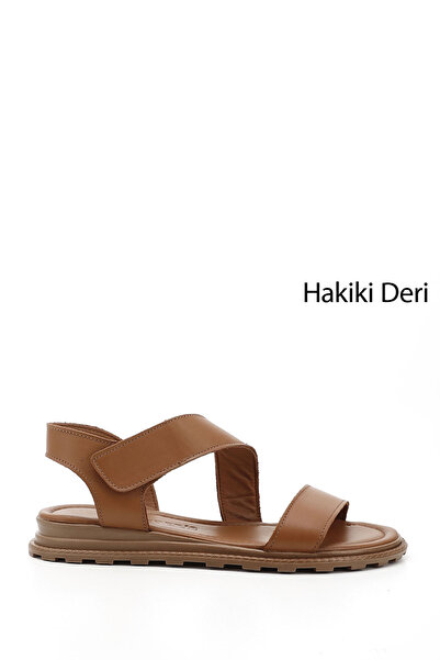 GÖNDERİ(R) Women / Girls Tan Antique Velcro Strap Genuine Leather Sandals