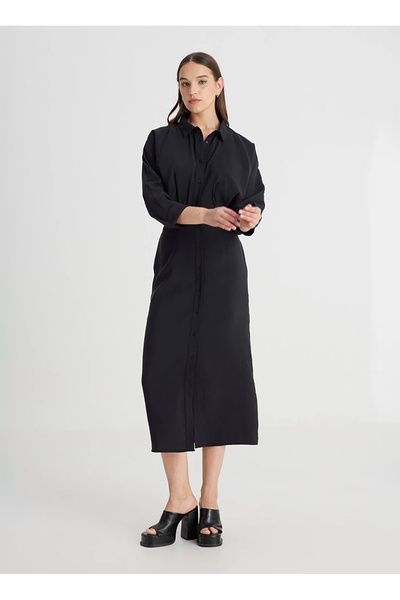 Lee Gömlek Yaka Siyah Standart Kadın Elbise L241612001-Gömlek Elbise