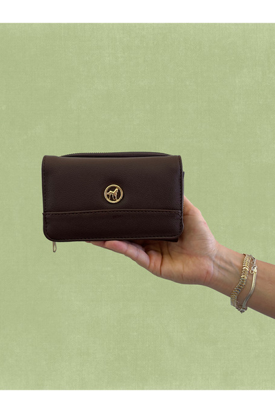 shiny ever Medium Size Brown Gold Women's Leather Wallet with Stripe Detail