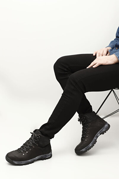 GÖNDERİ(R) Men's Black Nubuck Lace-Up Rubber Sole Genuine Leather Outdoor Boots