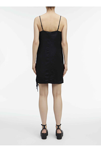 Calvin Klein Siyah Kadın Kare Yaka Kısa Keten Elbise VISCOSE LINEN MINI SLIP DRESS