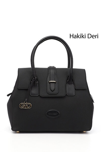 GÖNDERİ(R) حقيبة يد وكتف للنساء من جلد طبيعي بلاتينيوم باللون الأسود، حجم كبي...