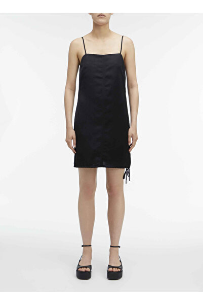 Calvin Klein Siyah Kadın Kare Yaka Kısa Keten Elbise VISCOSE LINEN MINI SLIP DRESS