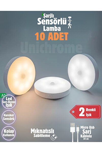 Folveit 10 Adet 2 Renkli Hareket Sensörlü Usb Şarj Edilebilir Led Işık Dolap Içi Gece Lambası