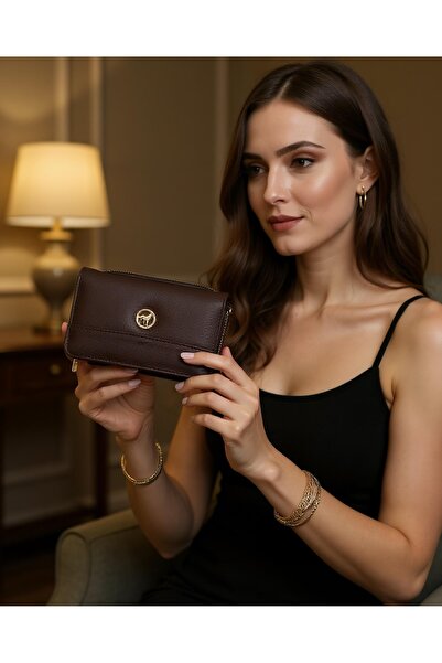 shiny ever Medium Size Brown Gold Women's Leather Wallet with Stripe Detail