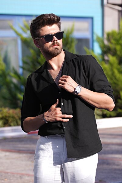 Etikmen Ανδρικό πουκάμισο μαύρο λινό Apaj Collar Relax Fit