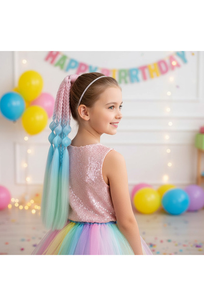 Mina Peruk Doğum Günü Saç Örgüsü Balon Ve Düz Salaş Örgülü Lastikli At Kuyruğ...