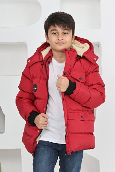 TheJOJODesign Erkek Çocuk Kışlık Polar Astarlı Kalın Elyaf Dolgulu Su Geçirmez Kapüşonlu Mont Kaban