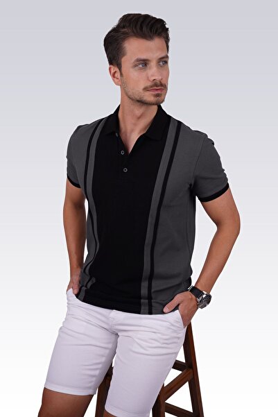 Etikmen Smoked Black Double Color Men's Polo Neck T-Shirt