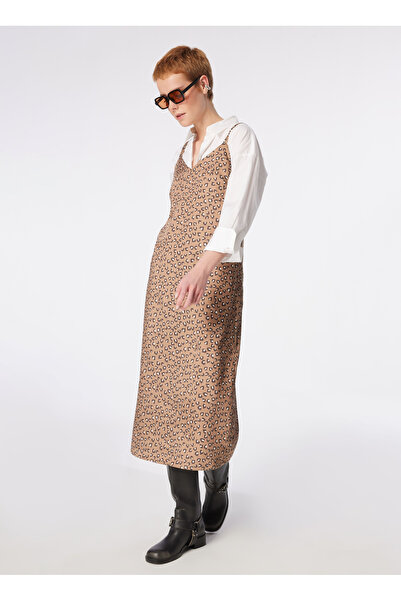 ONLY V Yaka Desenli Açık Kahve Uzun Kadın Elbise ONLSIA MAYRA LIFE SLIP SATIN DRESS