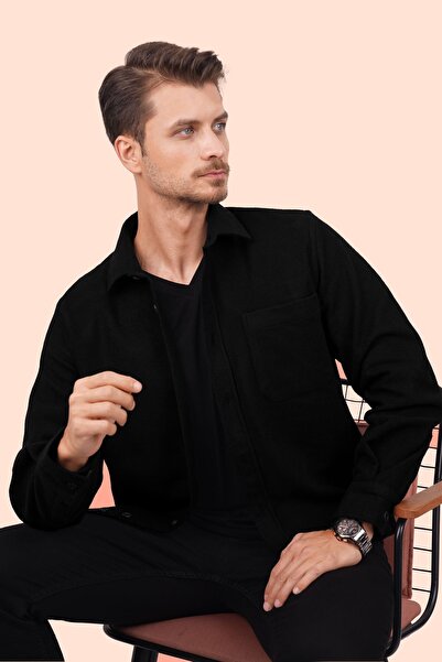 Etikmen Ανδρικό πουκάμισο ξυλοκόπο - Μαύρο απλό Oversize με κουτί δώρου