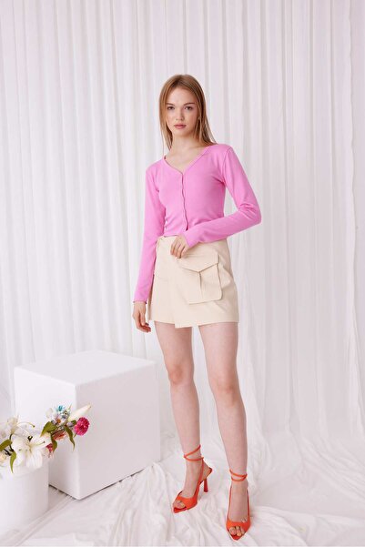 TUBİA Kadın Düğmeli V Yaka Pembe Crop Hırka