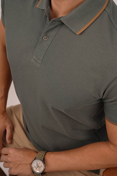 Etikmen Khaki Tan Collar Striped Men's Polo Neck T-Shirt