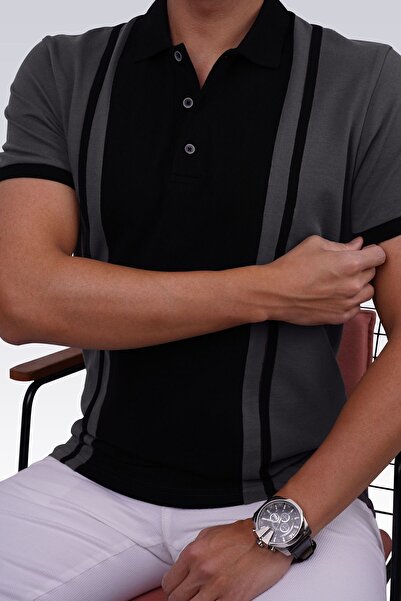 Etikmen Smoked Black Double Color Men's Polo Neck T-Shirt