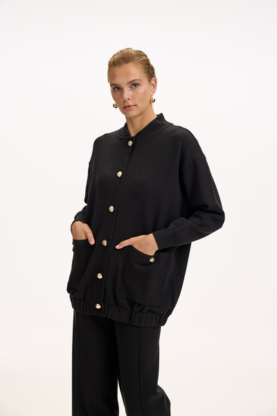 Exquise Bisiket Oversize Tirko Cardigan with Collar Pockets and Gold Buttons