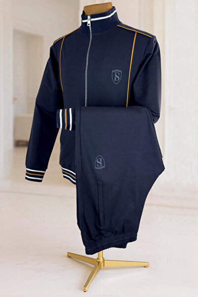 BESSA Navy Blue Stand Collar Tracksuit Set 2 Thread Fabric Zipper Pocket Straight Leg Men's