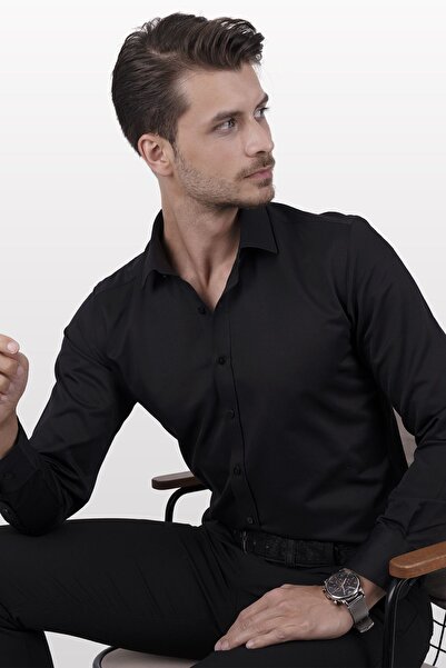 Etikmen Μαύρο σατέν Slimfit ανδρικό πουκάμισο σε συσκευασία δώρου