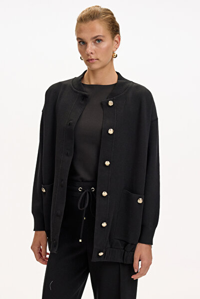 Exquise Bisiket Oversize Tirko Cardigan with Collar Pockets and Gold Buttons