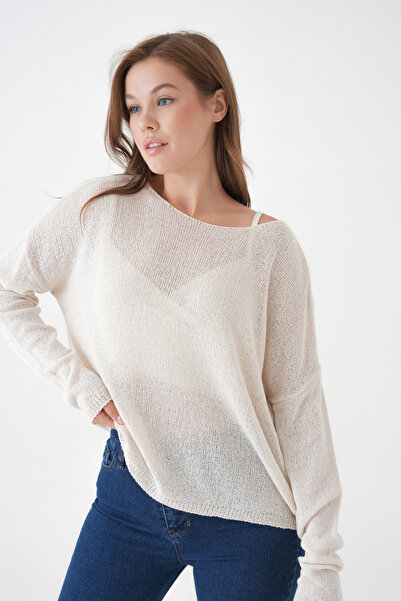 WOMAN VISION Crew Neck Oversize Ecru Basic Knitwear Sweater 6933
