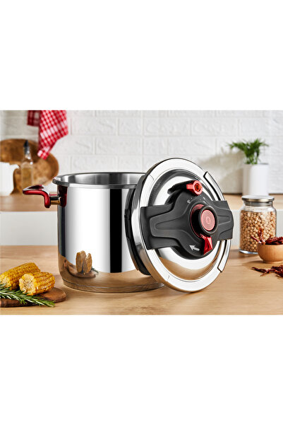 OMS 5106 - 2 Pieces, Induction, Matic, 26 cm - 12 Liter Pressure Cooker Silver - Red Color