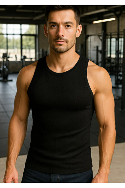 getbrosp Men's Black Ribbed Ribbed Undershirt - Slim Fit Cotton Sports Undershirt