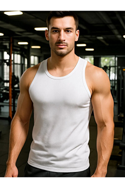 getbrosp Men's White Ribbed Ribbed Undershirt - Slim Fit Cotton Sports Undershirt