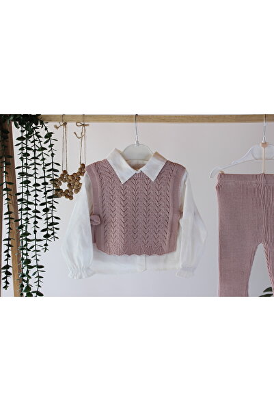 genybaby Stylish Baby Girl Knitwear Set – White Shirt, Knitted Sweater and Pants