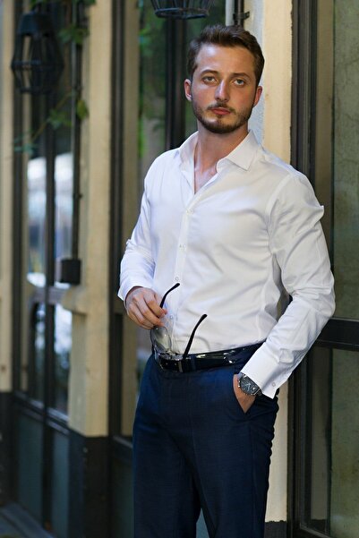 Etikmen Біла атласна приталена чоловіча сорочка