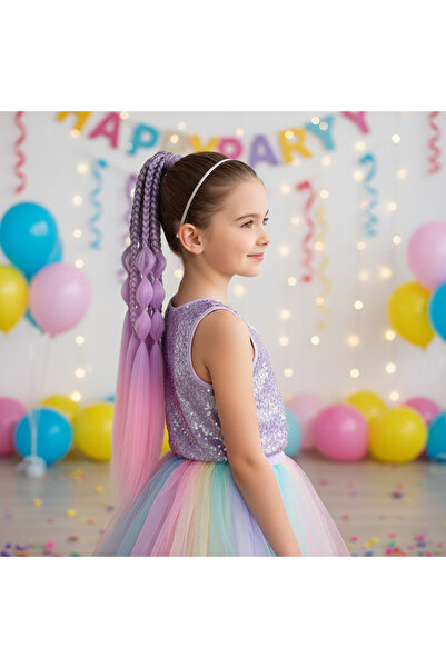 Mina Peruk Kız Saç Doğum Günü Peruk Renkli Balon ve Düz Salaş Örgülü Lastikli...