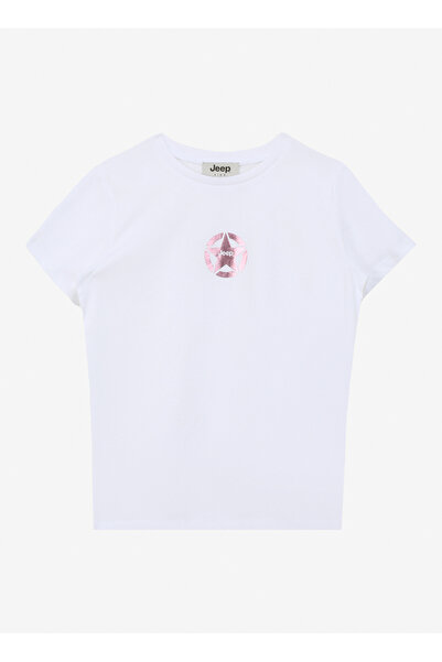Jeep Ekru Kız Çocuk Bisiklet Yaka Relaxed Baskılı T-Shirt C4SG-TST7030